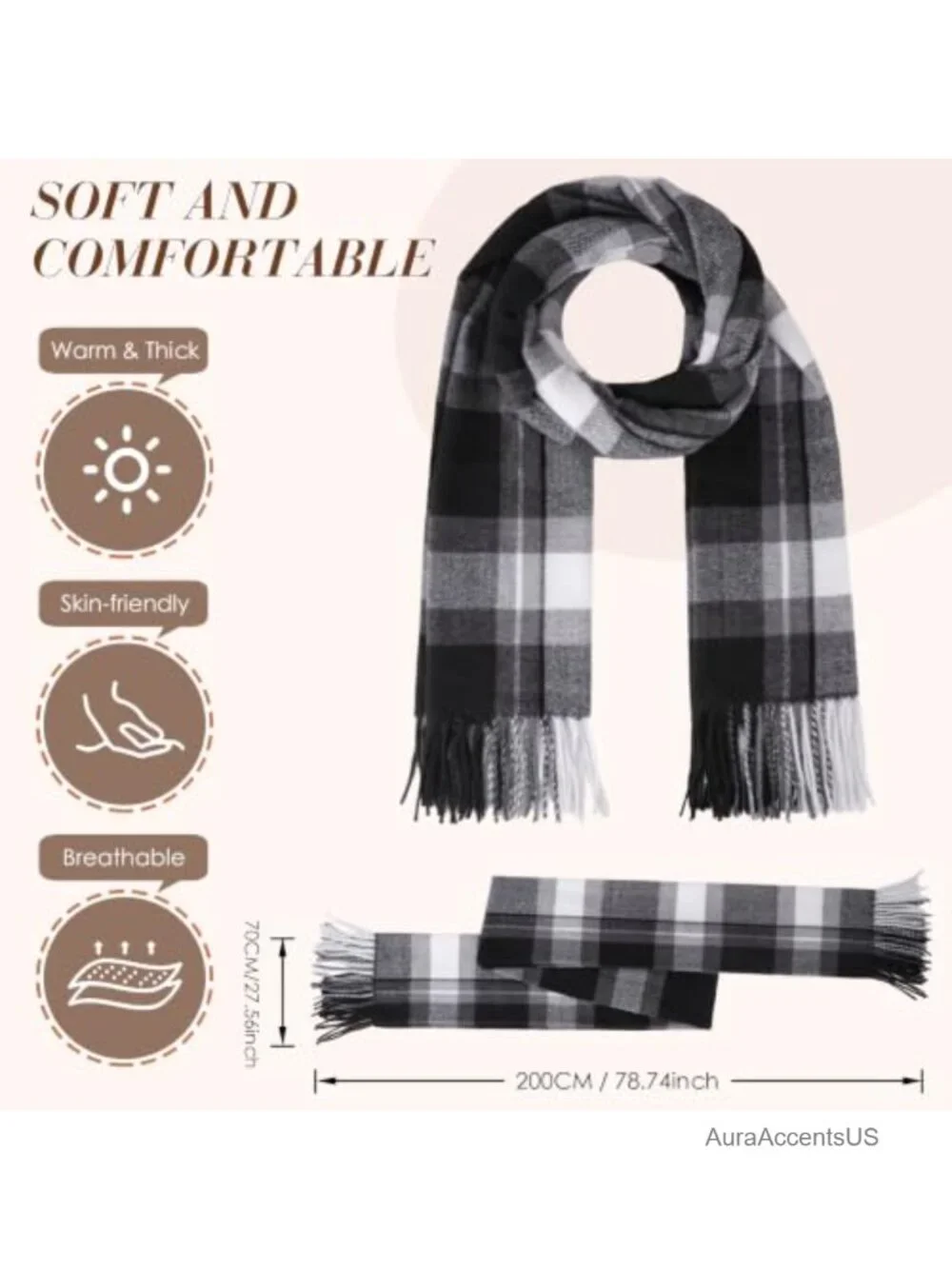 Winter Plaid Scarf Shawl Wrap Lightweight 100% Polyester Fringe Tassel